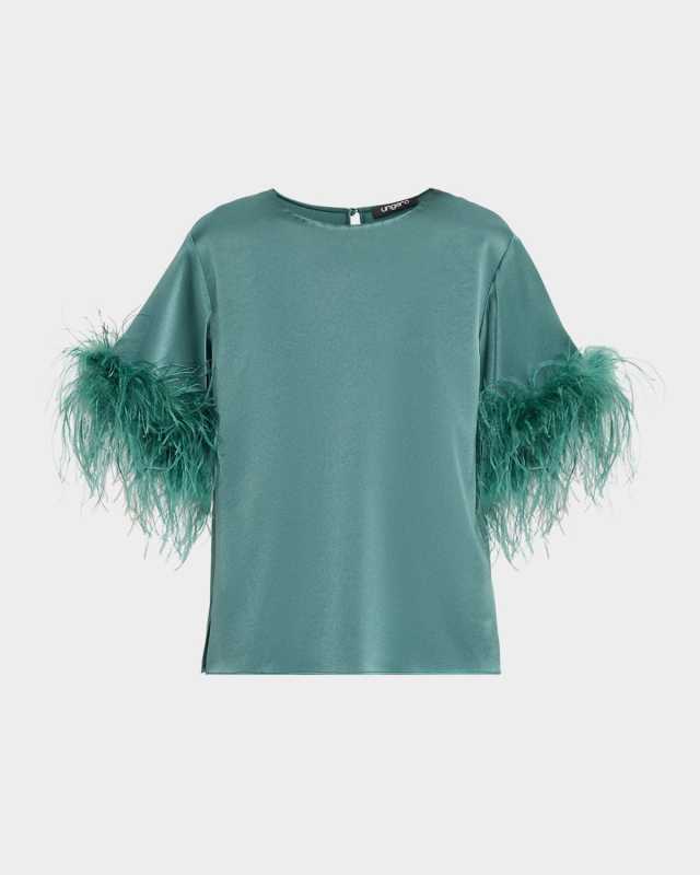 Aria Feather-Cuff Satin Blous